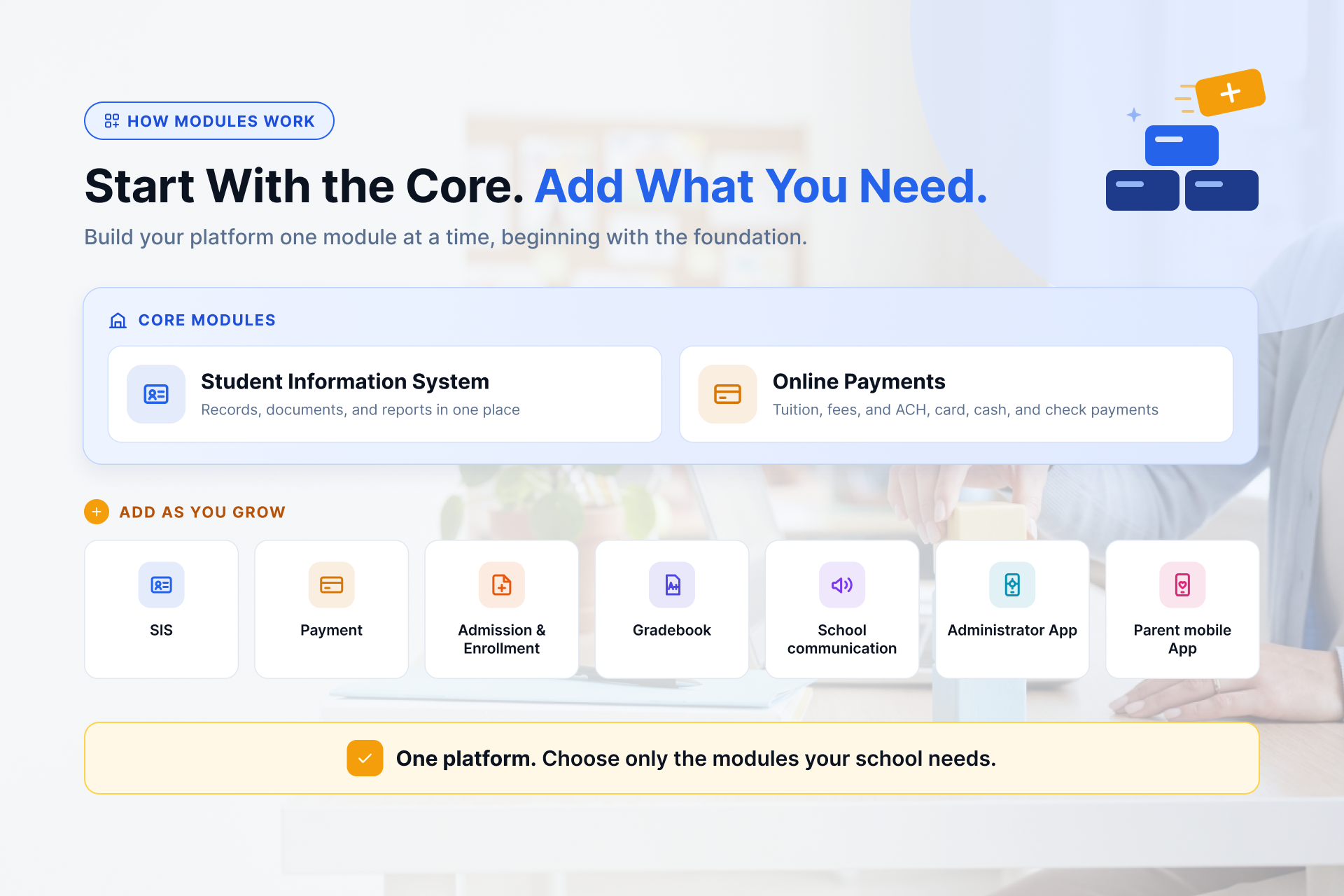 Top school management software modules: student information system and online payments as the core, with other modules added as you grow