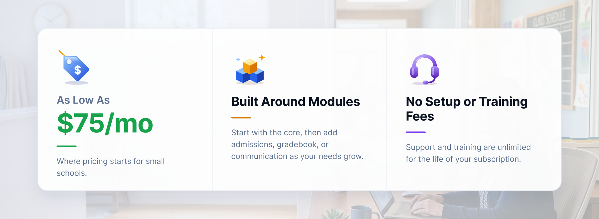 SchoolCues pricing highlights: as low as $75 per month, built around modules, with no setup or training fees