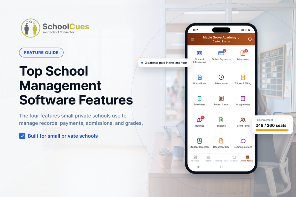 Top school management software features for small private schools, shown in the SchoolCues mobile app